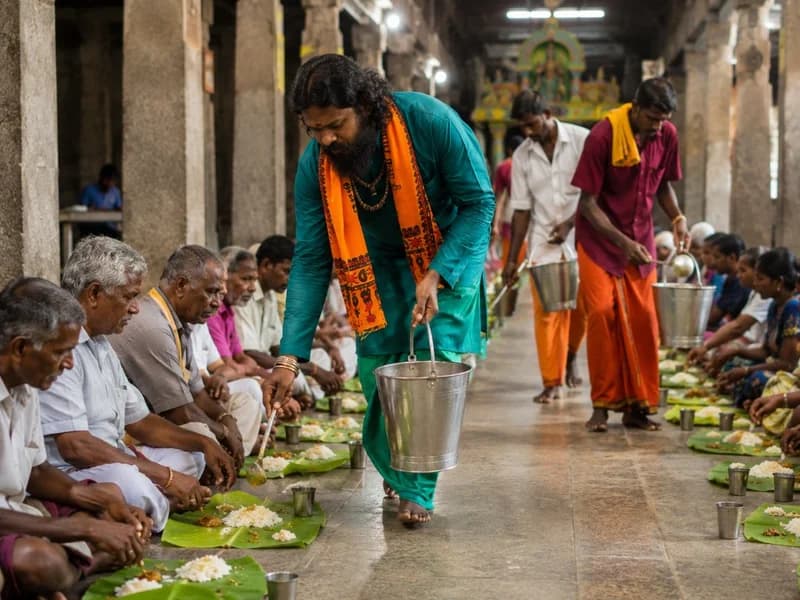 Volunteers serving annadhanam meals inside the temple hall