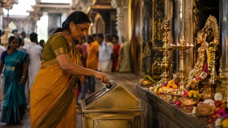 Devotee offering at temple hundi