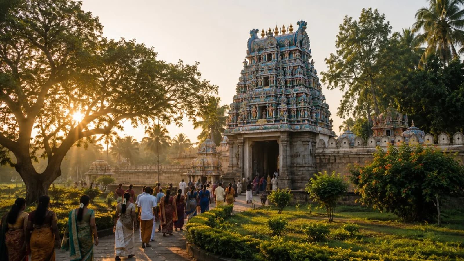 Devotees walking toward Bhooma Devi Temple at golden hour