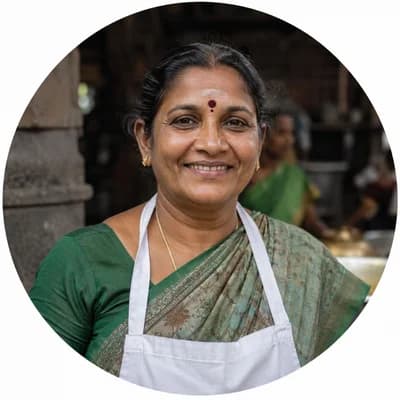 Portrait of Meera Subramaniam, kitchen seva volunteer